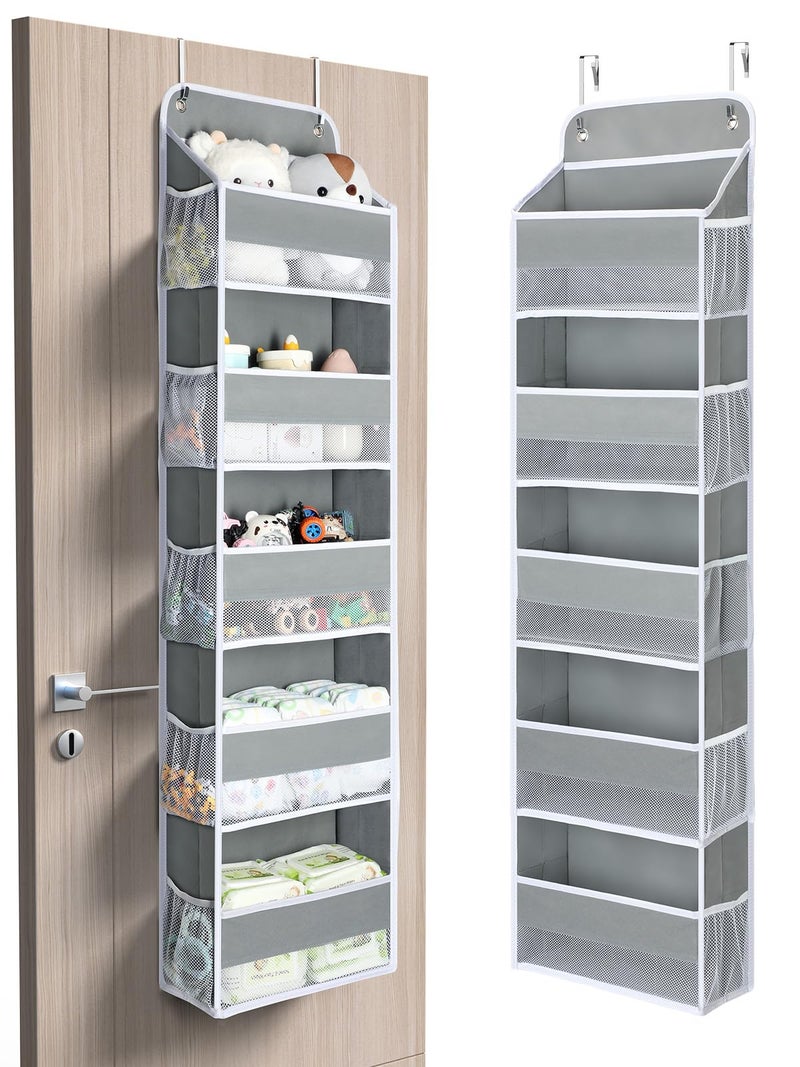 Yecaye 1 Pc Over The Door Organizer with 5 Bins 10 Side Pockets, 44lbs Load Hanging Bathroom Organizer, No Tilt Closet Organizers and Storage for Bedroom, Baby Organizer for Extra Storage, Grey - Image 1