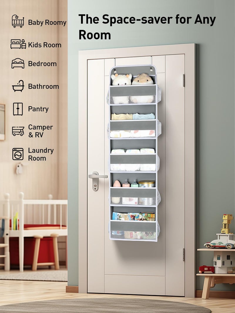 Yecaye 1 Pc Over The Door Organizer with 5 Bins 10 Side Pockets, 44lbs Load Hanging Bathroom Organizer, No Tilt Closet Organizers and Storage for Bedroom, Baby Organizer for Extra Storage, Grey - Image 5