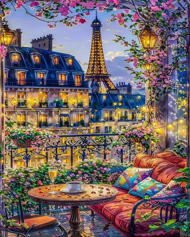 Mrnsiet Paint by Numbers Kit for Adults Beginners, City View Art Adult Paint by Numbers on Canvas, Paris Balcony Scene Acrylic Painting Crafts for Home Decor (16x20inch) - Image 1