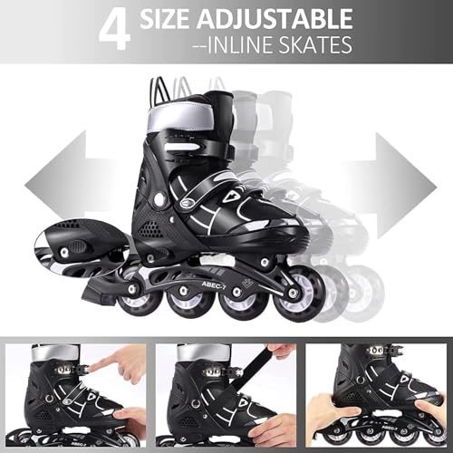 TEKCOOL 4 Wheels Adjustable Inline Skates Skating Shoes for Boys Kids Girls Skating Shoe Adjustable Roller Blades, Age 6 to 15 Years, PU Strong LED Flash Light on Wheels Aluminium, Black - Image 2