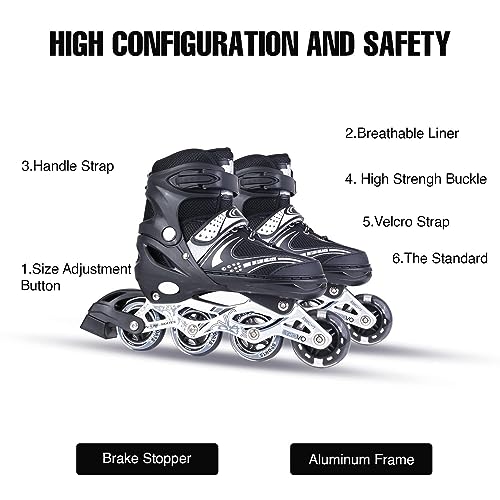 TEKCOOL 4 Wheels Adjustable Inline Skates Skating Shoes for Boys Kids Girls Skating Shoe Adjustable Roller Blades, Age 6 to 15 Years, PU Strong LED Flash Light on Wheels Aluminium, Black - Image 3