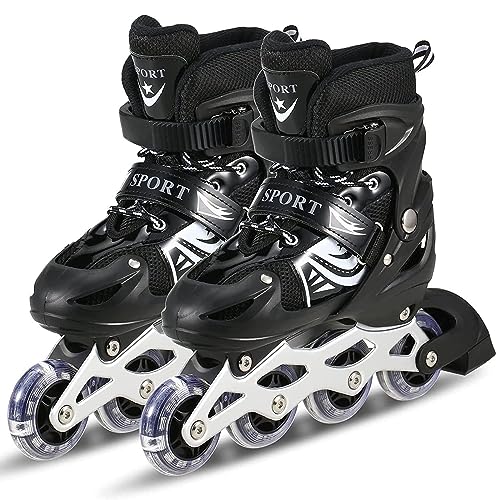TEKCOOL 4 Wheels Adjustable Inline Skates Skating Shoes for Boys Kids Girls Skating Shoe Adjustable Roller Blades, Age 6 to 15 Years, PU Strong LED Flash Light on Wheels Aluminium, Black - Image 1