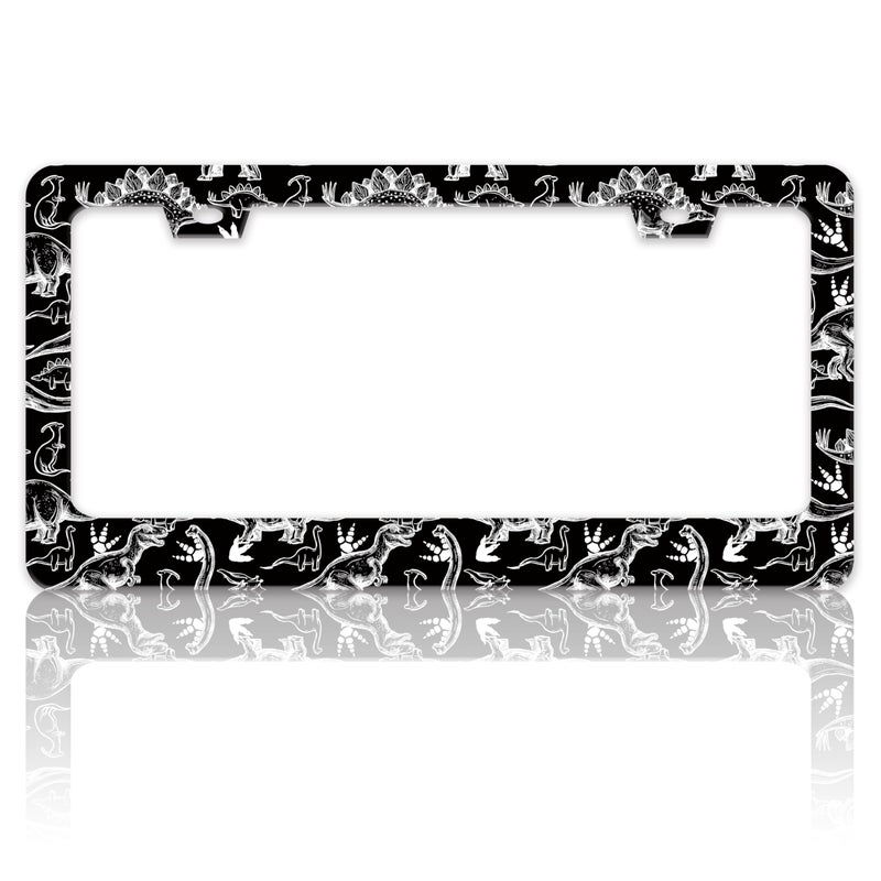 TINALUIN Black White Dinosaur License Plate Frame Dinosaurs Stainless Steel License Plate Holder for Front and Rear Car Tags Funny for Car Decoration Accessories with Screws 6.3 X 12.2 in for Women Men - Image 1