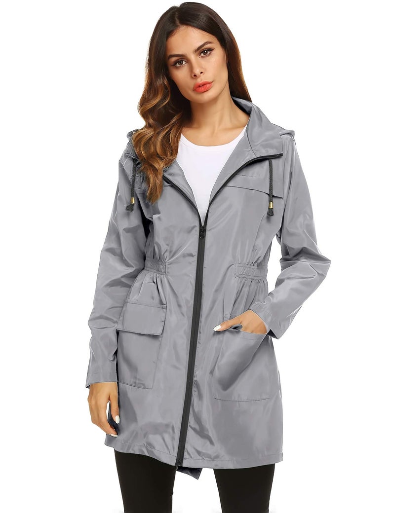 LOMON Women Waterproof Lightweight Rain Jacket Active Outdoor Hooded Raincoat (S, Gray) - Image 3