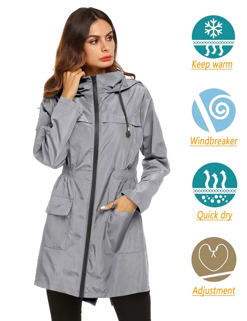LOMON Women Waterproof Lightweight Rain Jacket Active Outdoor Hooded Raincoat (S, Gray) - Image 2