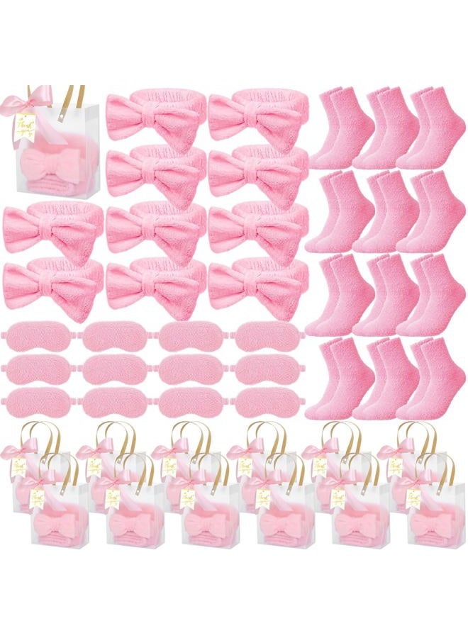 Chicingyou 48 Pcs Spa Sleepover Party Supplies 12 Spa Bow Headband 12 Plush Sleep Eye Mask Covers 12 Pair Fuzzy Sock 12 Gift Bags for Sleeping Birthday Sleepover Slumber Party Gift (Pink) - Image 1