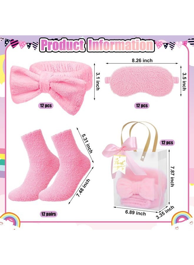 Chicingyou 48 Pcs Spa Sleepover Party Supplies 12 Spa Bow Headband 12 Plush Sleep Eye Mask Covers 12 Pair Fuzzy Sock 12 Gift Bags for Sleeping Birthday Sleepover Slumber Party Gift (Pink) - Image 2