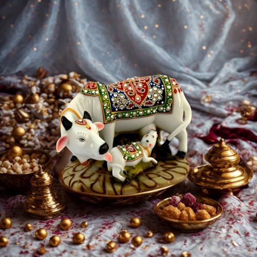 SkyKey Decorative Kamadhenu Cow with Calf Figurine, White with Ornate Traditional Design, Polyresin, Religious Hindu Art Statue,3 Inch - Image 2