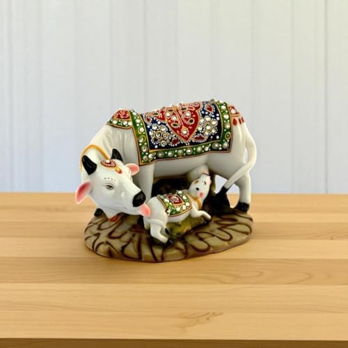 SkyKey Decorative Kamadhenu Cow with Calf Figurine, White with Ornate Traditional Design, Polyresin, Religious Hindu Art Statue,3 Inch - Image 1