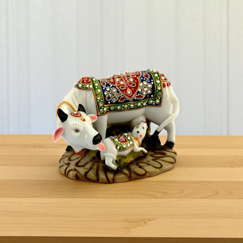 SkyKey Decorative Kamadhenu Cow with Calf Figurine, White with Ornate Traditional Design, Polyresin, Religious Hindu Art Statue,3 Inch - Image 4