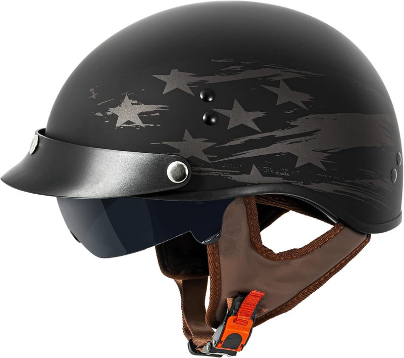 VCAN Cruiser Solid Flat Black Half Face Motorcycle Helmet with Drop-Down Sun Visor - Image 1