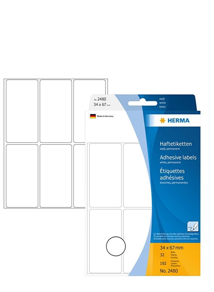 هيرما ملصقات هيرما 2480 متعددة الأغراض مقاس 34 × 67 مم مطبوعة على ورق أبيض غير لامع 192 قطعة.
