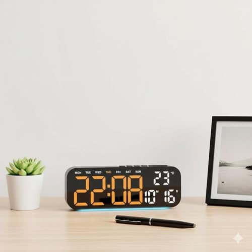 Niyam Digital Table Clock with LED Display 4 Levels Brightness Dual Alarm 5 Light Sensing Mode Temperature/Date/Day/Week/12/24H Time for Home & Office (Orange Digit, Black GH9015) - Image 2