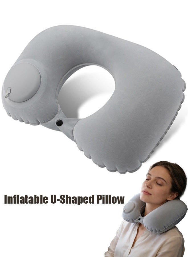 وسادة سفر قابلة للنفخ، وسادة رقبة قابلة للنفخ بضغطة زر واحدة للطائرة، وسادة قابلة للتعديل على شكل حرف U للمكتب والمنزل، وسادة رقبة رمادية محمولة للطائرة - Image 1