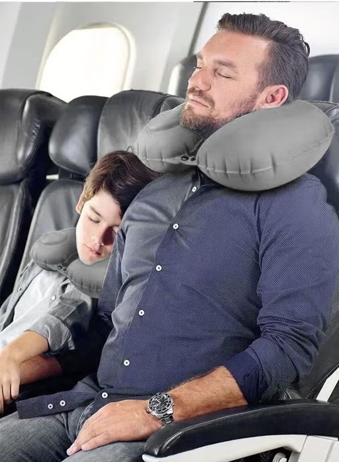 وسادة سفر قابلة للنفخ، وسادة رقبة قابلة للنفخ بضغطة زر واحدة للطائرة، وسادة قابلة للتعديل على شكل حرف U للمكتب والمنزل، وسادة رقبة رمادية محمولة للطائرة - Image 3