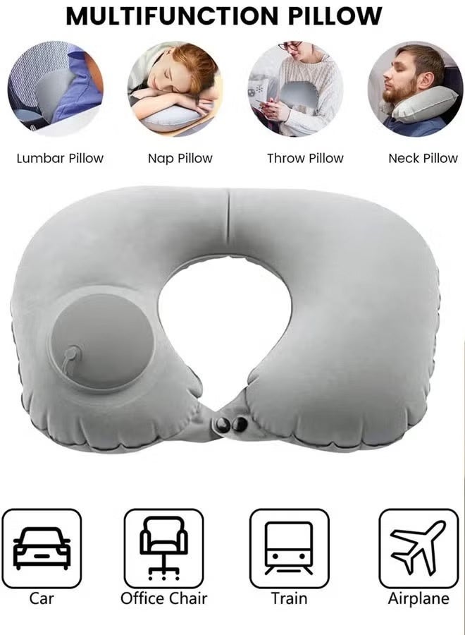 وسادة سفر قابلة للنفخ، وسادة رقبة قابلة للنفخ بضغطة زر واحدة للطائرة، وسادة قابلة للتعديل على شكل حرف U للمكتب والمنزل، وسادة رقبة رمادية محمولة للطائرة - Image 2