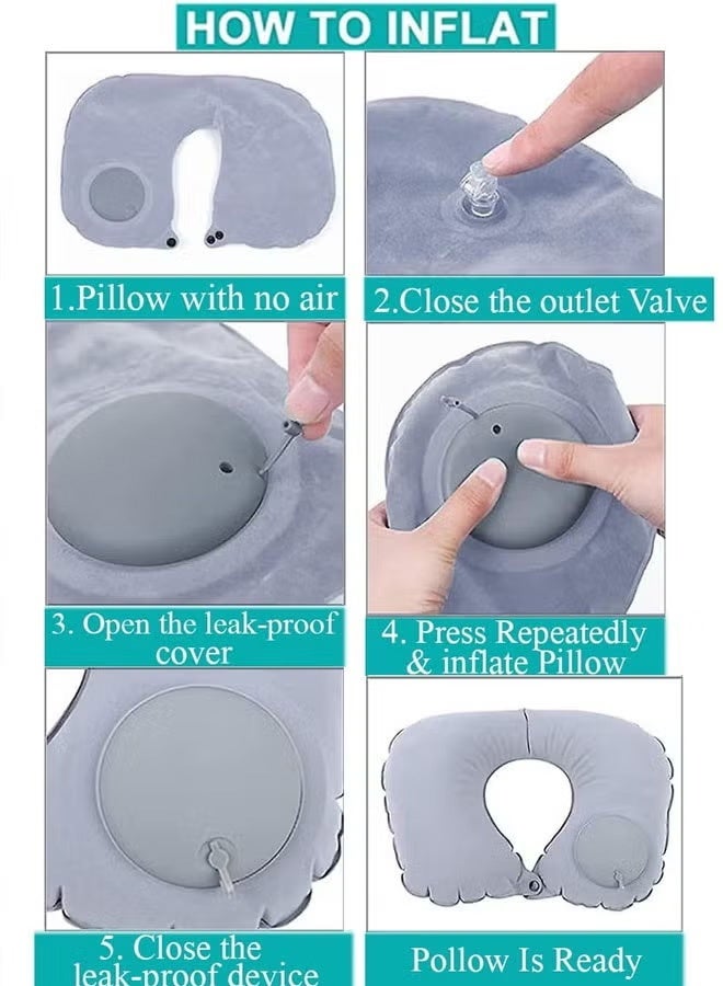 وسادة سفر قابلة للنفخ، وسادة رقبة قابلة للنفخ بضغطة زر واحدة للطائرة، وسادة قابلة للتعديل على شكل حرف U للمكتب والمنزل، وسادة رقبة رمادية محمولة للطائرة - Image 4