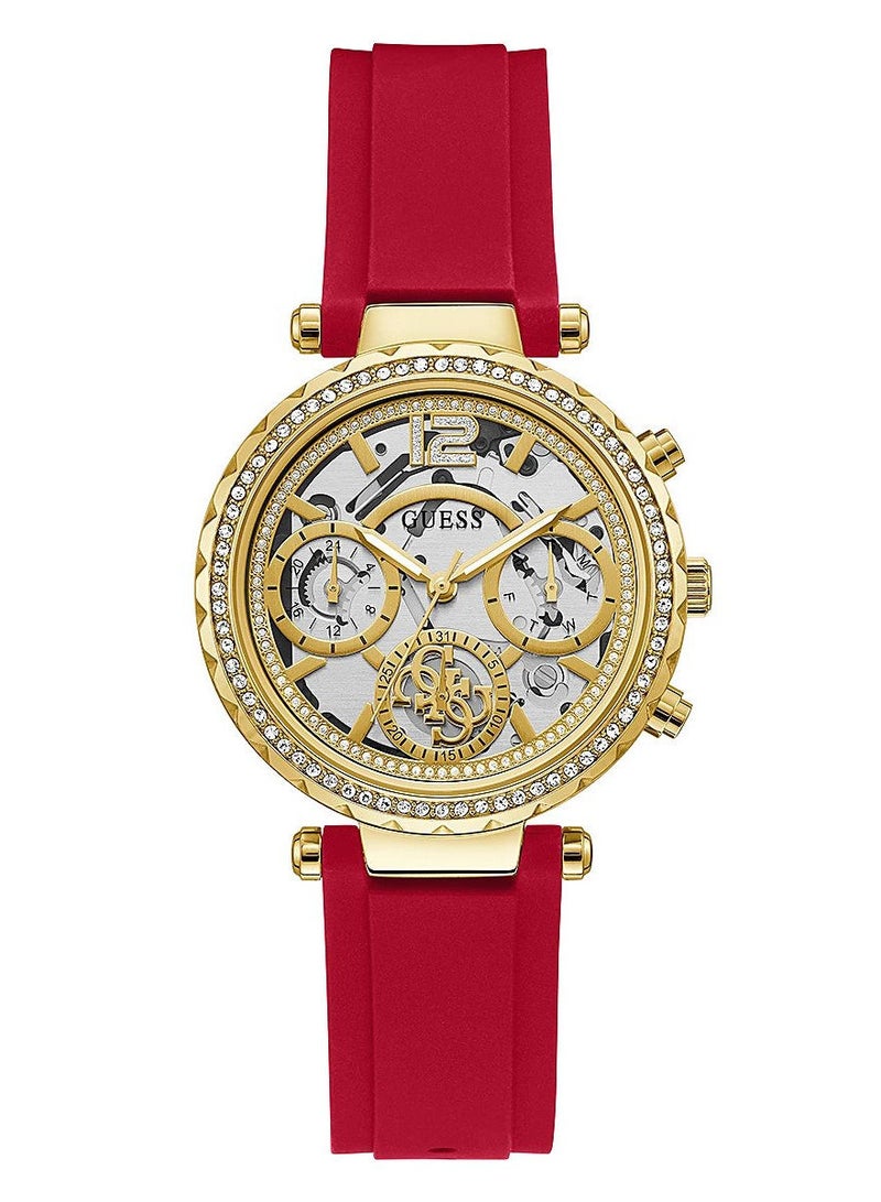 GUESS ساعة جيس متعددة الوظائف للسيدات باللون الذهبي والسيليكون الأحمر GW0484L1 - Image 1