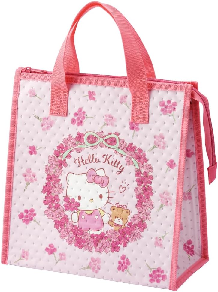 Skater Hello Kitty Insulated Lunch Bag NonWoven Cooler Tote with Zipper Flower Wreath Design Sanrio Lunch Box Bag  - Image 1