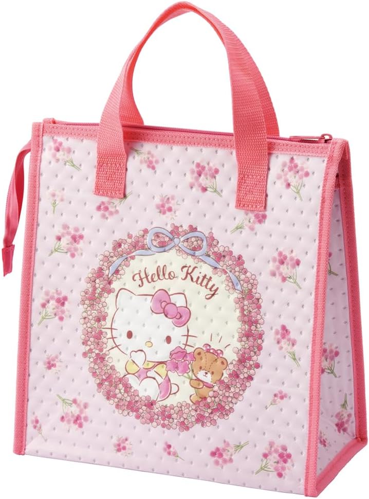 Skater Hello Kitty Insulated Lunch Bag NonWoven Cooler Tote with Zipper Flower Wreath Design Sanrio Lunch Box Bag  - Image 3