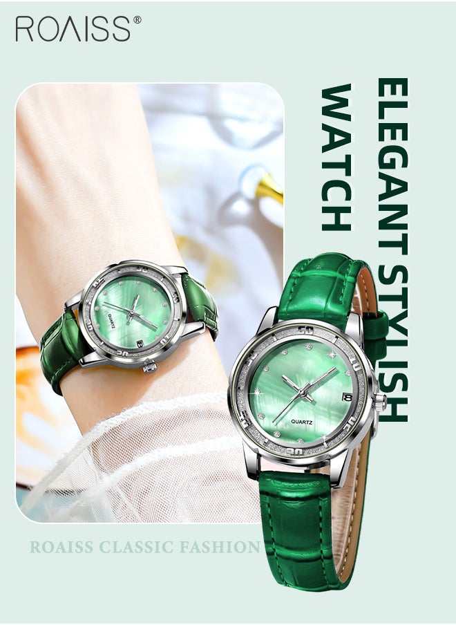 roaiss - Leather Strap Quartz Watch for Women, Analog Display Round Dial with zirconium Diamonds Scales, Luminous Waterproof Simple Wristwatch as Gift for Ladies - Image 1