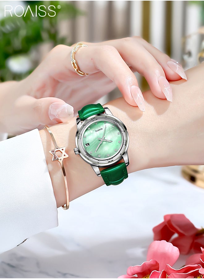 roaiss - Leather Strap Quartz Watch for Women, Analog Display Round Dial with zirconium Diamonds Scales, Luminous Waterproof Simple Wristwatch as Gift for Ladies - Image 1