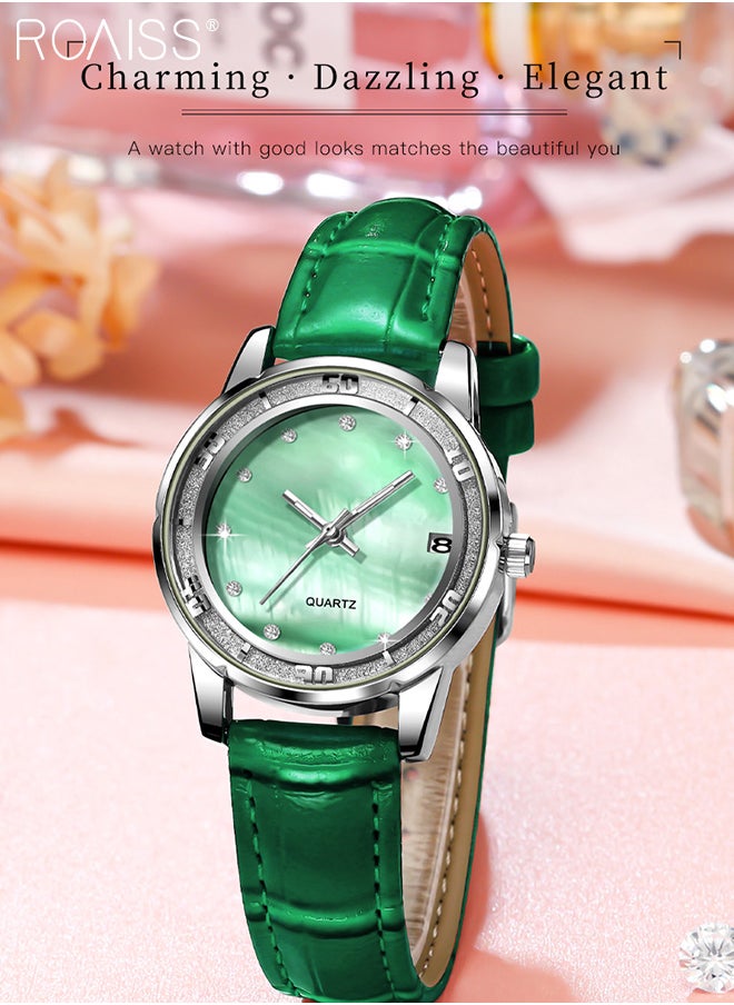 roaiss - Leather Strap Quartz Watch for Women, Analog Display Round Dial with zirconium Diamonds Scales, Luminous Waterproof Simple Wristwatch as Gift for Ladies - Image 1