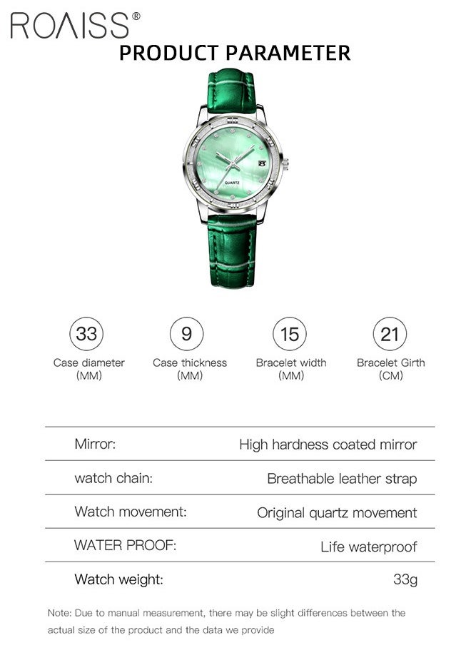 roaiss - Leather Strap Quartz Watch for Women, Analog Display Round Dial with zirconium Diamonds Scales, Luminous Waterproof Simple Wristwatch as Gift for Ladies - Image 1