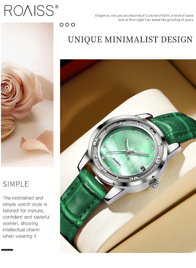 roaiss - Leather Strap Quartz Watch for Women, Analog Display Round Dial with zirconium Diamonds Scales, Luminous Waterproof Simple Wristwatch as Gift for Ladies - Image 1