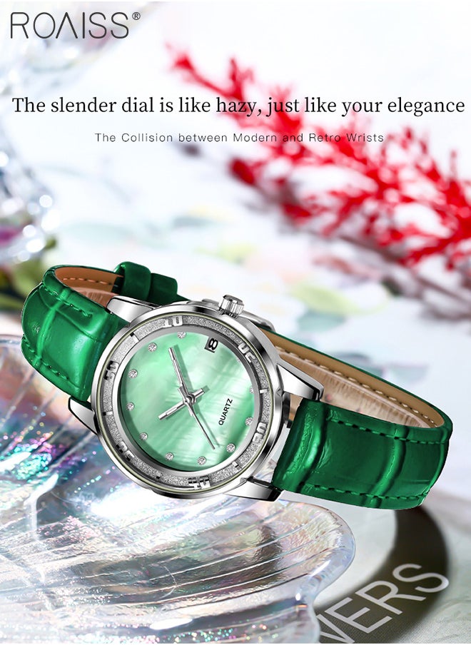 roaiss - Leather Strap Quartz Watch for Women, Analog Display Round Dial with zirconium Diamonds Scales, Luminous Waterproof Simple Wristwatch as Gift for Ladies - Image 1