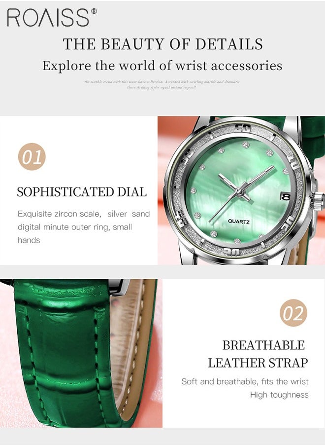 roaiss - Leather Strap Quartz Watch for Women, Analog Display Round Dial with zirconium Diamonds Scales, Luminous Waterproof Simple Wristwatch as Gift for Ladies - Image 1