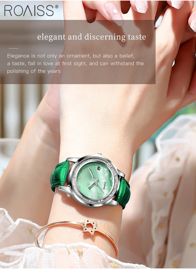 roaiss - Leather Strap Quartz Watch for Women, Analog Display Round Dial with zirconium Diamonds Scales, Luminous Waterproof Simple Wristwatch as Gift for Ladies - Image 1