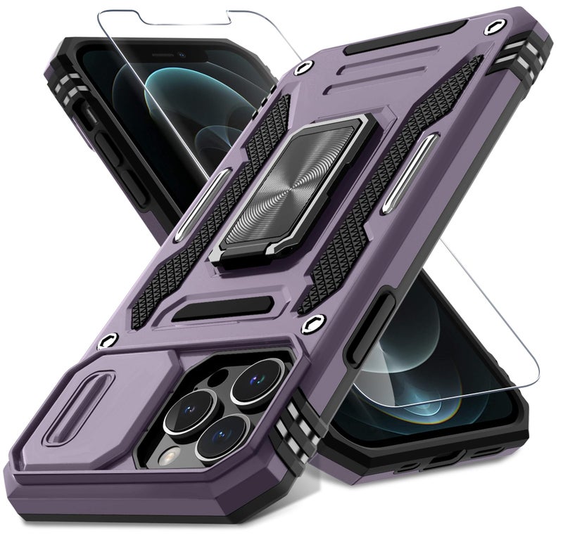DEERLAMN Case for iPhone 13 Pro Max with Slide Camera CoverScreen Protector1 PackRotated Ring Kickstand Military Grade Shockproof Protective Cover 67 InchDeep Purple - Image 2