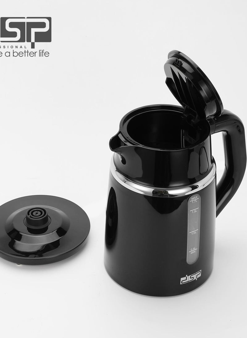 دي اس بي غلاية مياة DSP السعة ١٫٧ لتر   2200 وات مادة الهيكل بولي بروبيلين وعاء قابل للدوران بزاوية ٣٦٠ درجة، لاسلكي سهل الاستخدام عنصر تسخين مخفي من الفولاذ المقاوم للصدأ ٣٠٤ نظام أمان يُطفأ تلقائيًا عند غليان الماء حماية من الغليان الجاف وحماية من ارتفاع درجة الحرارة غطاء قفل أمان نافذة مرئية مع مصابيح مؤشر LED مع مصفاة قابلة للإزالة والغسل أقدام مانعة للانزلاق - Image 2