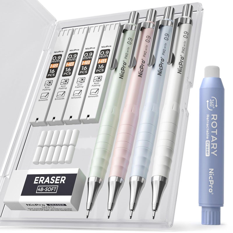 Nicpro Cute Mechanical Pencil Set, 4PCS 0.9mm Pastel Drafting Pencils with 4 Tube HB Lead Refills, 4B Erasers, Rotary Retractable Eraser and Eraser Refill for Writing Sketching Back to School Supplies - Image 1
