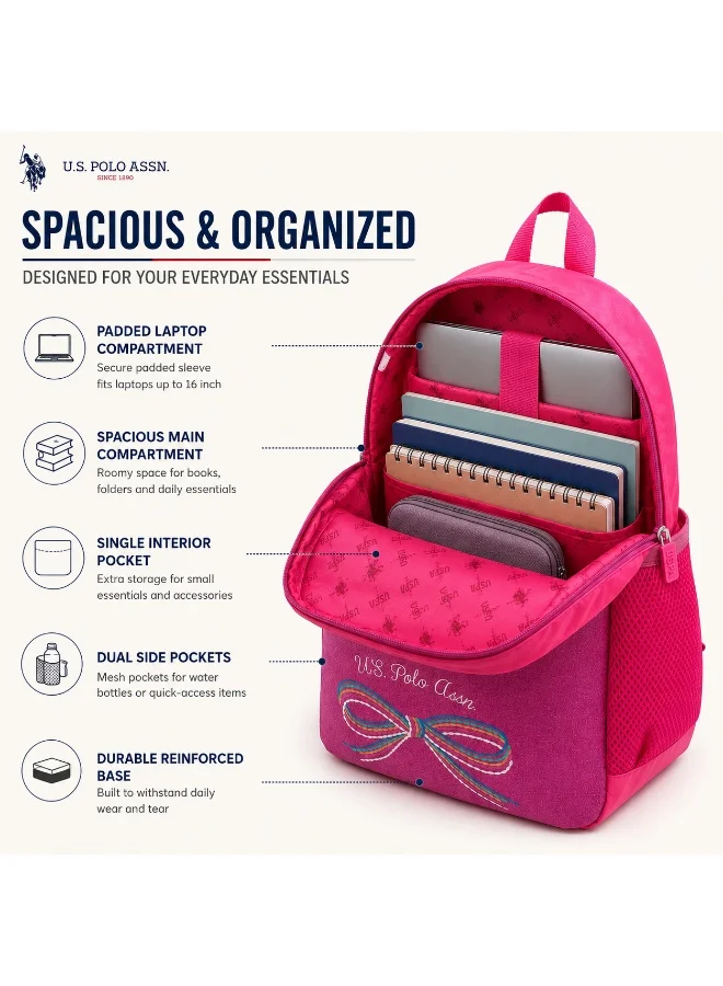 U.S. Polo Assn. PINK U.S. Polo Assn. Classic Rose Pink Rainbow Bow Backpack for School and Office MultiCompartment Bag for Campus  | Best Price UAE