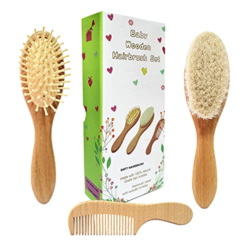 Molylove 3 Piece Baby Hair Brush and Comb Set for Newborn Toddlers Natural Wooden Hairbrush with Soft Goat Bristles for Cradle Cap Perfect Scalp Grooming Product for Infant Toddler Kids Baby - Image 1