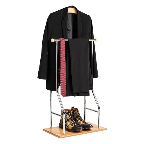 Mind Reader Valet Stand, Clothes Rack, Clothing Organizer, Jacket Hanger, Metal, Wood, 19.75" L x 11.75" W x 43" H, Silver - Image 1