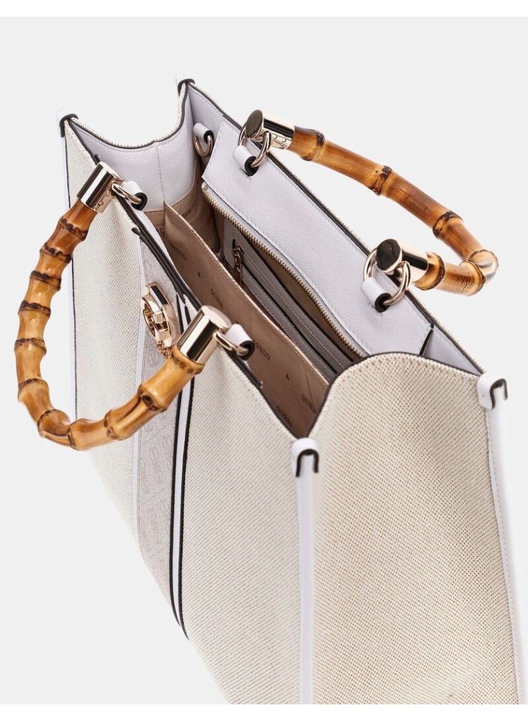 GUESS حقيبة توت قماشية للنساء من غيس مع مقبض من الخيزران AG933722 أبيض لوجو - Image 3