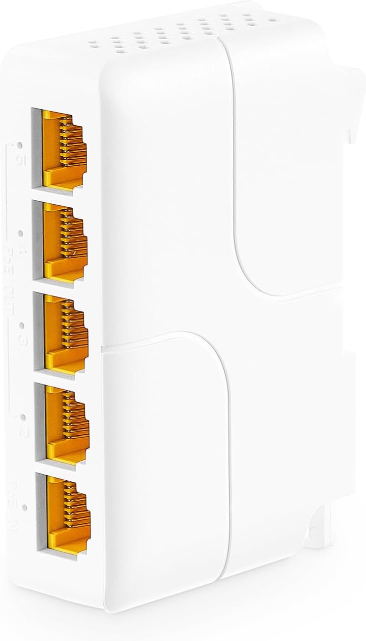 MokerLink موسكرلينك 5 منافذ جيجابت موسع PoE، IEEE 802.3 af/at/bt 90W مكرر، 10/100/1000Mbps، 1 في-4 الإخراج، الحائط & دين السكك الحديدية تركيب، التبديل المرور - Image 1
