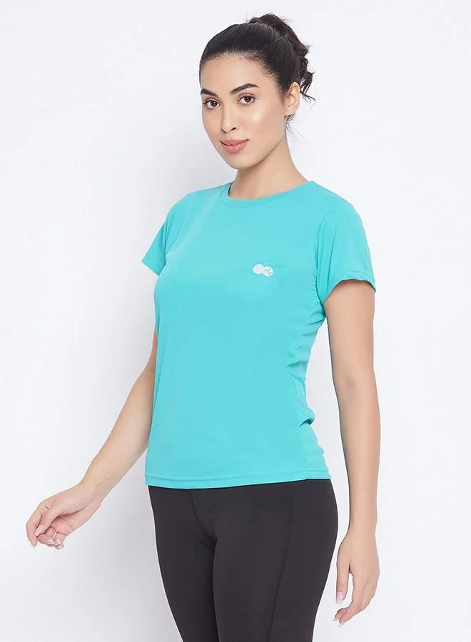 Clovia Clovia Quick Dry Sports T shirt in Turquoise Blue with Reflective Logo