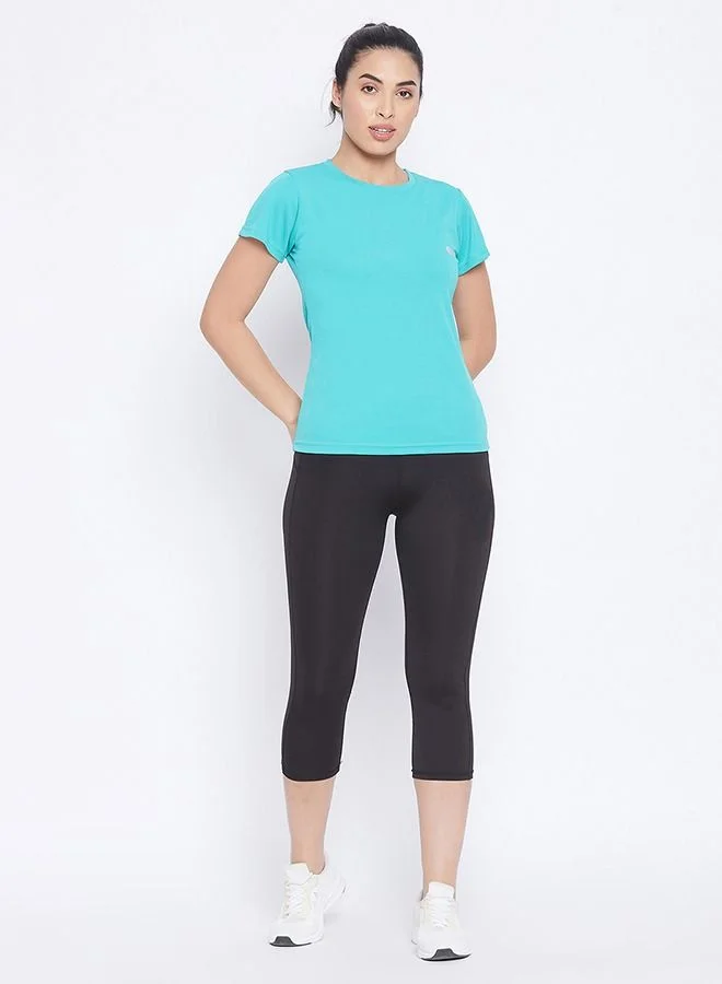 Clovia Clovia Quick Dry Sports T shirt in Turquoise Blue with Reflective Logo