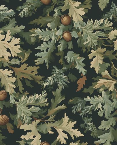 VOLEAAR Peel and Stick Wallpaper Thick Self Adhesive Vinyl Roll Removable Waterproof Contact Paper for Bedroom Bathroom Cabinet Accent Wall Vintage Oak Leaves Acorns Decor Moody Green 175 x 118 - Image 1