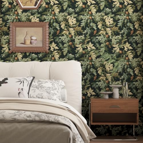 VOLEAAR Peel and Stick Wallpaper Thick Self Adhesive Vinyl Roll Removable Waterproof Contact Paper for Bedroom Bathroom Cabinet Accent Wall Vintage Oak Leaves Acorns Decor Moody Green 175 x 118 - Image 3