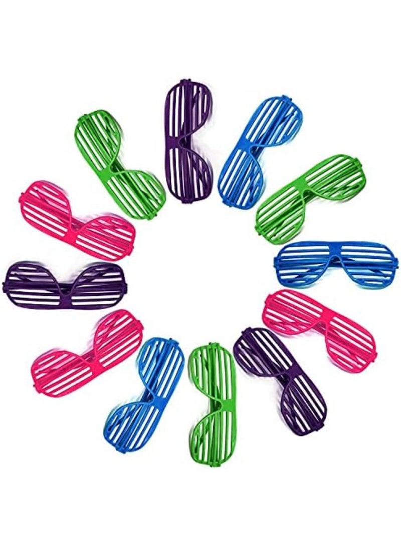 Kids Plastic Shutter Shades Glasses - 12 Pairs Neon Color Shutter Glasses 80's Party Slotted Sunglasses for Kids u0026 Adults (4 Colors) - Image 1