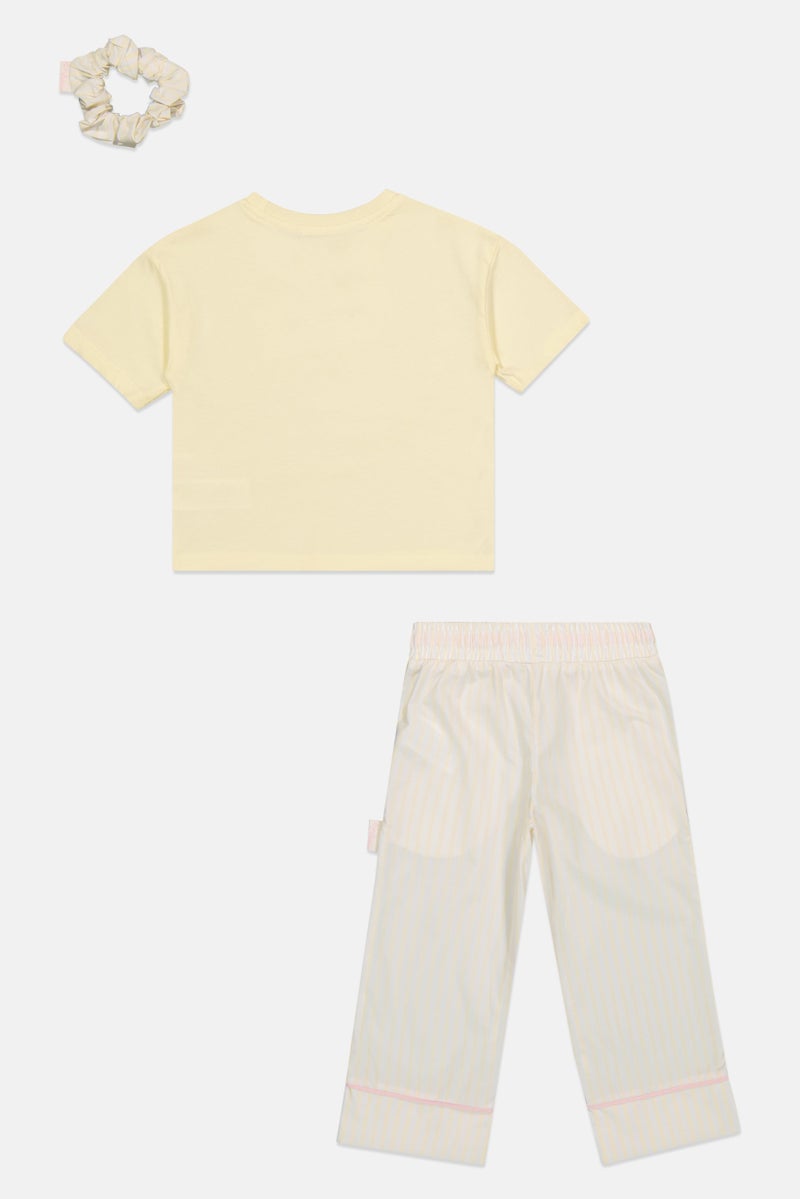 Fudo Lounge By Fudo Toddlers Girl 3 Pieces Embroidered Logo Top And Pants With Scrunchie Pyjama Set, Multicolor - Image 3