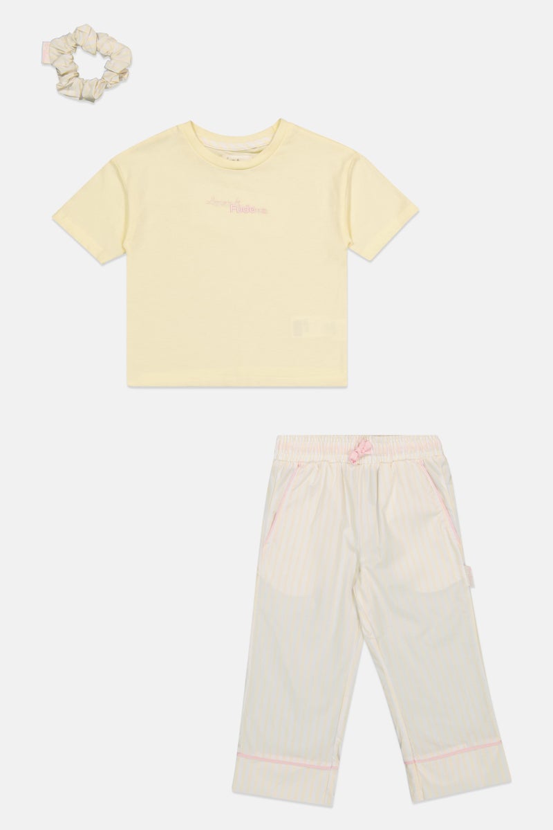 Fudo Lounge By Fudo Toddlers Girl 3 Pieces Embroidered Logo Top And Pants With Scrunchie Pyjama Set, Multicolor - Image 2