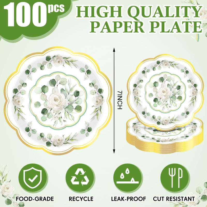 Funnymoom 100 Pcs Eucalyptus Floral Paper Plates 7 Inches Sage Green Disposable Dinner Plates Greenery Party Decorations for Tea Party Birthday Bridal Wedding Shower Party Picnic Supplies - Image 1