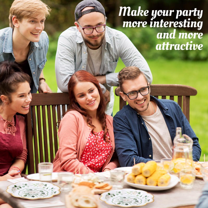 Funnymoom 100 Pcs Eucalyptus Floral Paper Plates 7 Inches Sage Green Disposable Dinner Plates Greenery Party Decorations for Tea Party Birthday Bridal Wedding Shower Party Picnic Supplies - Image 3