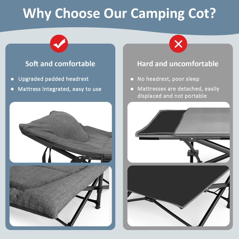 Mopaicot Camping Cot, Folding Cot Bed for Adults with Built-in Mattress and Pillow, Portable Outdoor Sleeping Cot for Camping and Travel, with Carry Bag, Grey, Max Load 450 LBS - Image 4